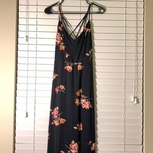 Maxi Dress Black and Floral With Back Strap Cross Detail
